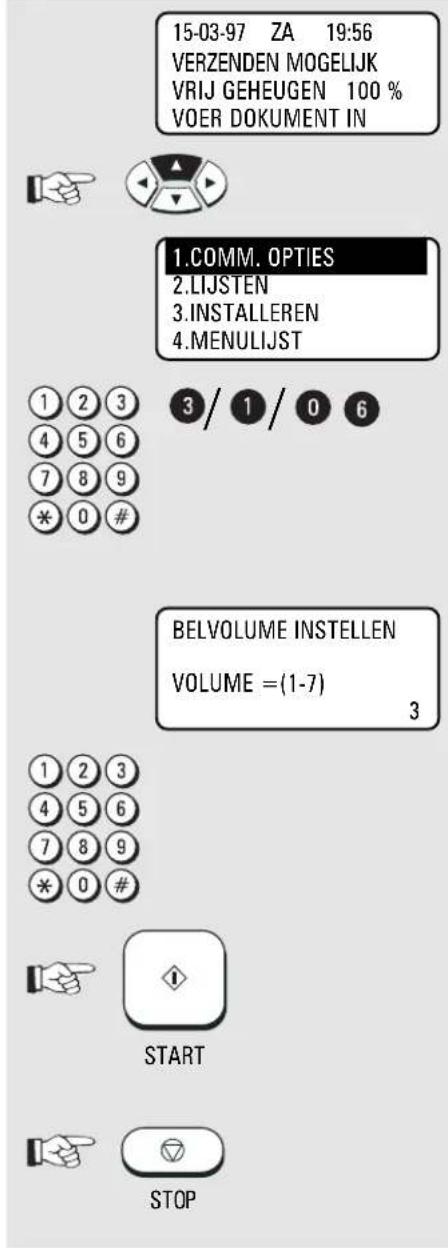15-03-97 ZA 19:56 VERZENDEN MOGELIJK VRIJ GEHEUGEN 100 % VOER DOKUMENT IN 1.COMM. OPTIES 2.LIJSTEN 3.INSTALLEREN 4.MENULIJST 1 2 3 4 5 6 7 8 9 * 0 # 3 / 1 / 0 6 BELVOLUME INSTELLEN VOLUME = (1-7) 3 1 2 3 4 5 6 7 8 9 * 0 # START STOP