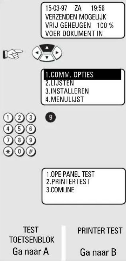 15-03-97 ZA 19:56 VERZENDEN MOGELIJK VRIJ GEHEUGEN 100 % VOER DOKUMENT IN 1.COMM. OPTIES 2.LIJSTEN 3.INSTALLEREN 4.MENULIJST 1 2 3 4 5 6 7 8 9 * 0 # 9 1.OPE PANEL TEST 2.PRINTERTEST 3.COMLINE TEST TOETSENBLOK Ga naar A PRINTER TEST Ga naar B