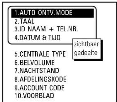 1.AUTO ONTV.MODE 2.TAAL 3.ID NAAM + TEL.NR. 4.DATUM & TIJD 5.CENTRALE TYPE 6.BELVOLUME 7.NACHTSTAND 8.AFDELINGSKODE 9.ACCOUNT CODE 10.VOORBLAD zichtbaar gedeelte