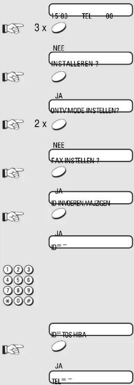 15:03 TEL 00 3 x NEE INSTALLEREN ? JA ONTV MODE INSTELLEN? 2 x NEE FAX INSTELLEN ? JA ID INVOEREN/AMJZGEN JA ID = - 1 2 3 4 5 6 7 8 9 * 0 # ID= TOS HIBA JA TEL = -