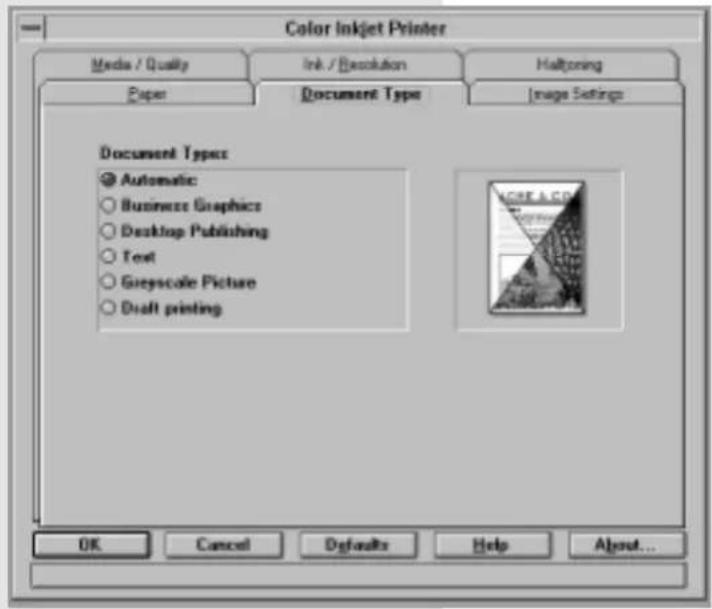 Color Inkjet Printer Media / Quality Ink / Resolution Halftoring Paper Document Type Image Settings Document Type: Automatic Business Graphics Desktop Publishing Text Greyscale Picture Draft printing OK Cancel Defaults Help About...