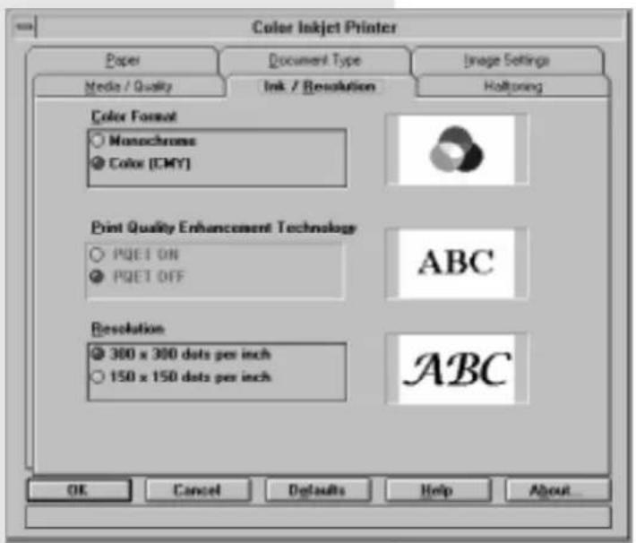 Color Inkjet Printer Paper Document Type Image Settings Media / Quality Ink / Resolution Halftoring Color Format Monochrome Color (CMY) Print Quality Enhancement Technology PIQET ON PIQET OFF ABC Resolution 300 x 300 dots per inch 150 x 150 dots per inch ABC OK Cancel Defaults Help About...