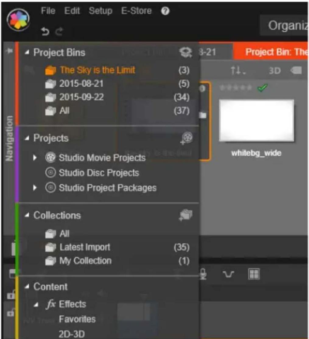 File Edit Setup E-Store ? Organization Project Bins The Sky is the Limit (3) 2015-08-21 (5) 2015-09-22 (34) All (37) Projects Studio Movie Projects Studio Disc Projects Studio Project Packages Collections All Latest Import (35) My Collection (1) Content fx Effects Favorites 2D-3D Project Bin: The ↑↓ 3D whitebg_wide