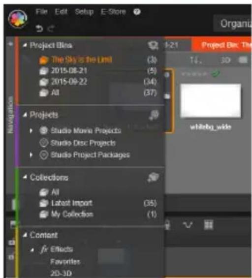 File Edit Setup E-Store Organia Project Blin The Sky is the Limit (3) 2015-08-21 (5) 2015-09-22 (34) All (37) Projects Studio Movie Projects Studio Disc Projects Studio Project Packages Collections All Latest Import (35) My Collection (1) Content fx Effects Favorites 2D-3D Project Blin: The TJ. 3D whitebg_wide