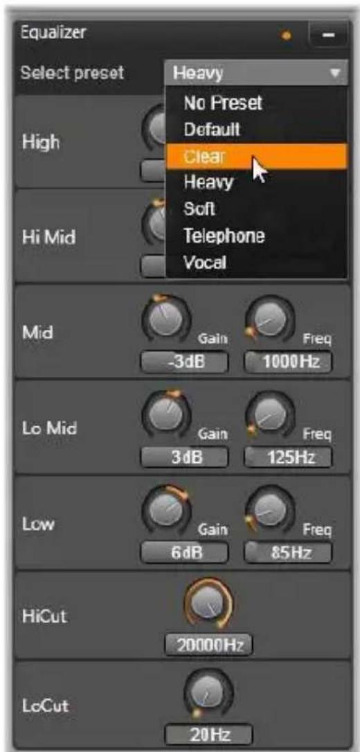 Equalizer Select preset High Hi Mid Heavy No Preset Default Clear Heavy Soft Telephone Vocal Mid Gain Freq -3dB 1000Hz Lo Mid Gain Freq 3dB 125Hz Low Gain Freq 6dB 85Hz HiCut 20000Hz LoCut 20Hz
