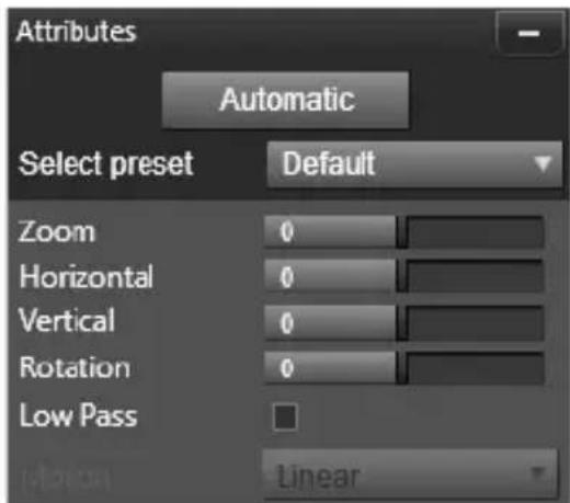 Attributes Automatic Select preset Default Zoom 0 Horizontal 0 Vertical 0 Rotation 0 Low Pass Linear