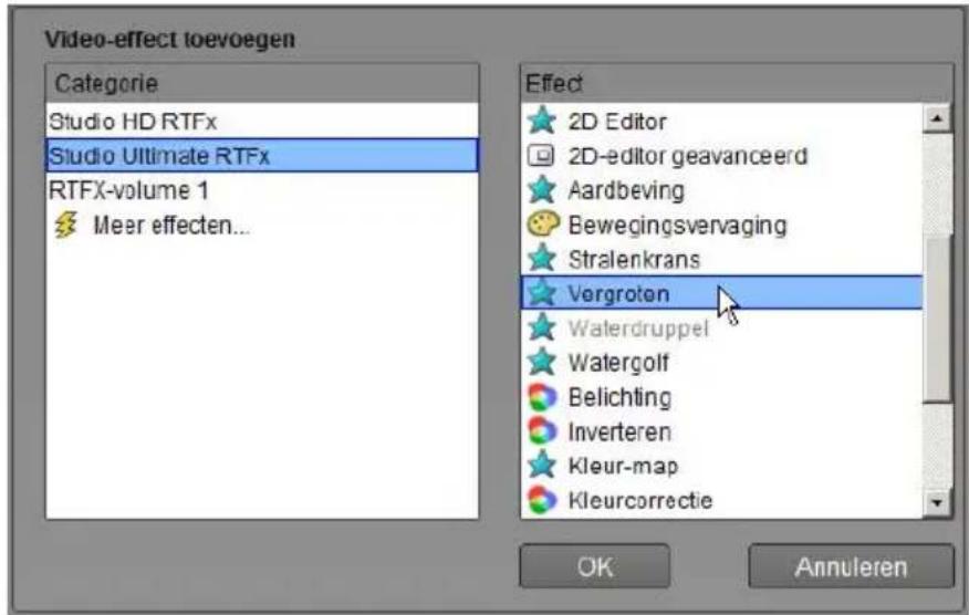 Video-effect toevoegen Categorie Studio HD RTFx Studio Ultimate RTFx RTFX-volume 1 Meer effecten... Effect 2D Editor 2D-editor geavanceerd Aardbeving Bewegingsvervaging Stralenkrans Vergroten Waterdruppel Watergolf Belichting Inverteren Kleur-map Kleurcorrectie OK Annuleren