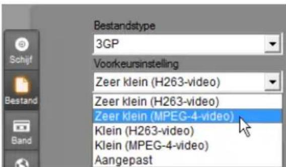 Bestandstype 3GP Voorkeursinstelling Zeer klein (H263-video) Zeer klein (H263-video) Zeer klein (MPEG-4-video) Klein (H263-video) Klein (MPEG-4-video) Aangepast