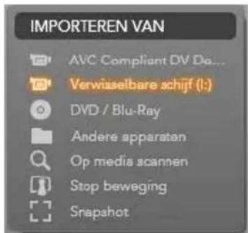 IMPORTEREN VAN AVC Compliant DV De... Verwisselbare schijf (1:) DVD / Blu-Ray Andere apparaten Op media scannen Stop beweging Snapahot