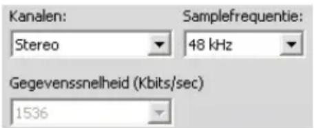 Kanalen: Stereo Samplefrequentie: 48 kHz Gegevenssnelheid (Kbits/sec) 1536