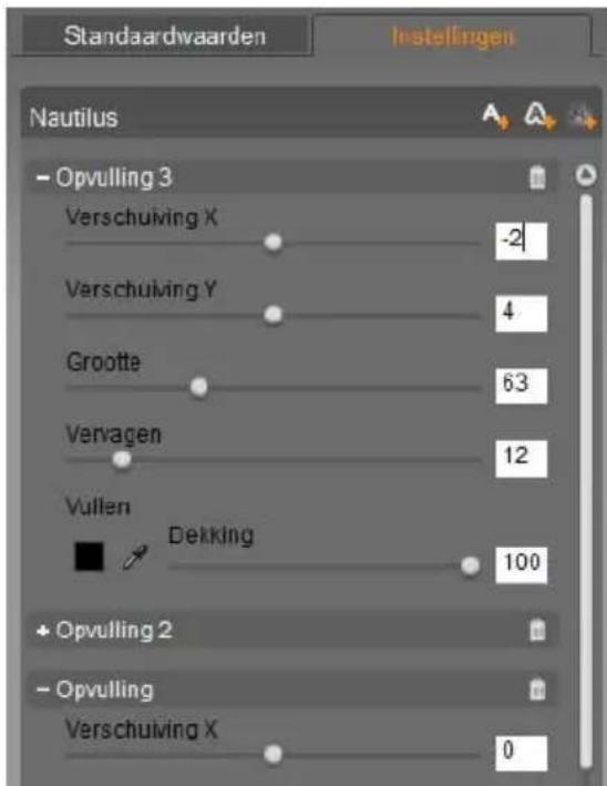Standaardwaarden Instellingen Nautilus - Opvulling 3 Verschuiving X -2 Verschuiving Y 4 Grootte 63 Vervagen 12 Vullen Dekking 100 + Opvulling 2 - Opvulling Verschuiving X 0