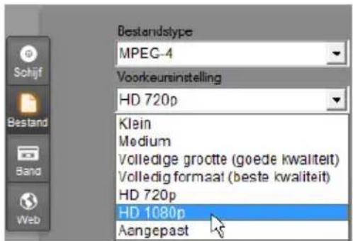 Bestandstype MPEG-4 Voorkeursinstelling HD 720p Klein Medium Volledige grootte (goede kwaliteit) Volledig formaal (beste kwaliteit) HD 720p HD 1080p Aangepast