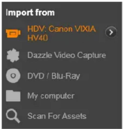 Import from HDV: Canon VIXIA HV40 Dazzle Video Capture DVD / Blu-Ray My computer Scan For Assets
