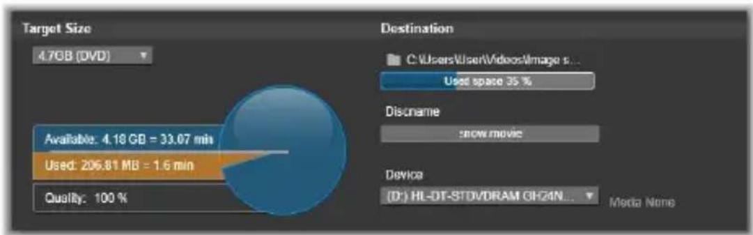 Target Size 4.7GB (DVD) Available: 4.18 GB = 33.07 min Used: 206.81 MB = 1.6 min Quality: 100 % Destination C:\Users\User\Videos\Image s... Used space 35 % Discname snow movie Device (D:) HL-DT-STDVDRAM GH24N... Media None