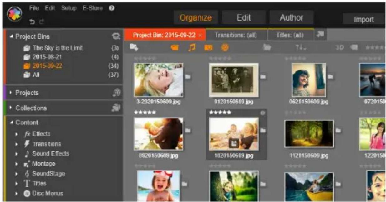 File Edit Setup E-Store Organize Edit Author Import Project Bins The Sky is the Limit (3) 2015-08-21 (4) 2015-09-22 (34) All (37) Projects Collections Content Effects Transitions Sound Effects Montage SoundStage Titles Disc Menus Project Bin: 2015-09-22 Transitions: (all) Titles: (all) 3-2320150609.jpg 0120150609.jpg 0620150609.jpg 0720150 0920150609.jpg 1020150609.jpg 1120150609.jpg 1220150