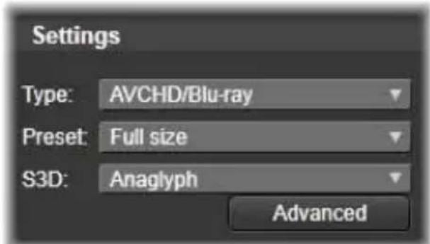 Settings Type: AVCHD/Blu-ray Preset: Full size S3D: Anaglyph Advanced