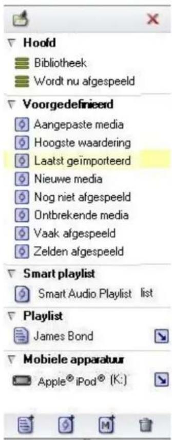 Hoofd Bibliotheek Wordt nu afgespeeld Voorgedefinieerd Aangepaste media Hoogste waardering Laatst geïmporteerd Nieuwe media Nog niet afgespeeld Ontbrekende media Vaak afgespeeld Zelden afgespeeld Smart playlist Smart Audio Playlist list Playlist James Bond Mobiele apparatuur Apple® iPod® (K:)