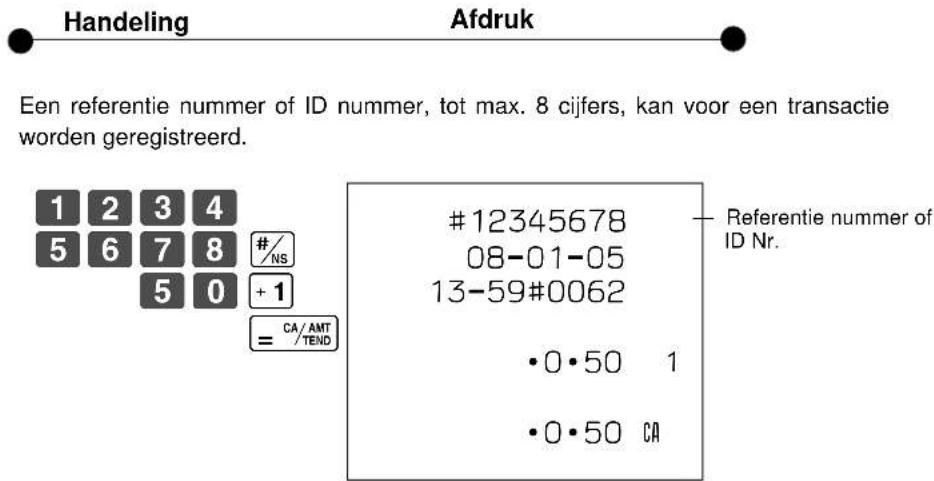 Handeling Afdruk Een referentie nummer of ID nummer, tot max. 8 cijfers, kan voor een transactie worden geregistreerd. 1 2 3 4 5 6 7 8 # /NS 5 0 +1 = CA/AMT /TEND #12345678 08-01-05 13-59#0062 •0·50 1 •0·50 CA Referentie nummer of ID Nr.