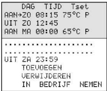 DAG TIJD Tset AAN→ZO 08:15 75°C P UIT ZO 12:45 AAN MA 00:00 65°C P .......... .......... UIT ZA 23:59 TOEVOEGEN VERWIJDEREN IN BEDRIJF NEMEN