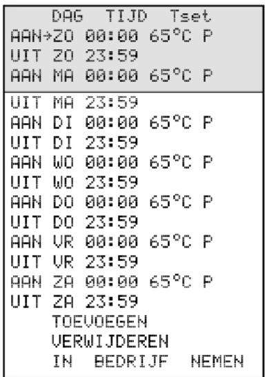 DAG TIJD Tset AAN→ZO 00:00 65°C P UIT ZO 23:59 AAN MA 00:00 65°C P UIT MA 23:59 AAN DI 00:00 65°C P UIT DI 23:59 AAN WO 00:00 65°C P UIT WO 23:59 AAN DO 00:00 65°C P UIT DO 23:59 AAN VR 00:00 65°C P UIT VR 23:59 AAN ZA 00:00 65°C P UIT ZA 23:59 TOEVOEGEN VERWIJDEREN IN BEDRIJF NEMEN