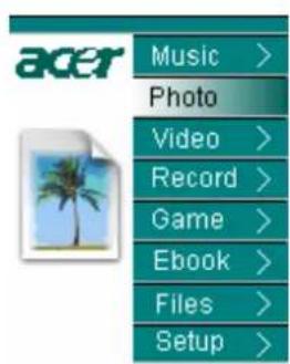 acer Music > Photo Video > Record > Game > Ebook > Files > Setup >