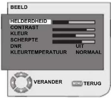 BEELD HELDERDHEID CONTRAST KLEUR SCHERPTE DNR KLEURTEMPERATUUR UIT NORMAAL VERANDER MENU TERUG