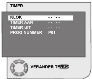 TIMER KLOK ...:-- TIMER AAN ...:-- TIMER UIT ...:-- PROG NUMMER P01 VERANDER TERUG