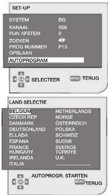 SET-UP SYSTEM BG KANAAL S06 FIJN AFSTEM 0 ZOEKEN ▶ PROG NUMMER P13 OPSLAAN AUTOPROGRAM SELECTER MENU TERUG LAND SELECTIE BELGIUM NETHERLANDS CZECH REP NORGE DANMARK ÖSTERREICH DEUTSCHLAND POLSKA ELLADA SCHWEIZ ESPANA SUOMI FRANCE SVERIGE HUNGARY TURKIYE IRELANDA U.K. ITALIA ...... AUTOPROGR. STARTEN MENU TERUG