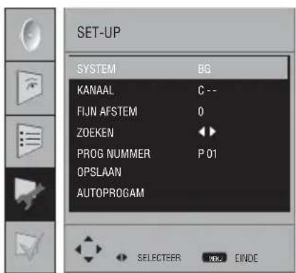 SET-UP SYSTEM BG KANAAL C-- FIJN AFSTEM 0 ZOEKEN ◀◀ PROG NUMMER P 01 OPSLAAN AUTOPROGAM SELECTER OK CINOC