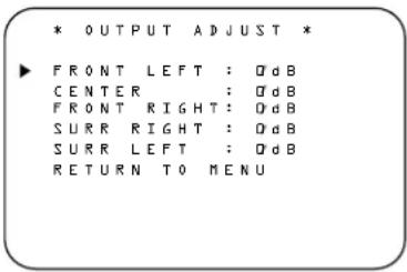 * OUTPUT ADJUST * ► FRONT LEFT : Q dB CENTER : Q dB FRONT RIGHT : Q dB SURR RIGHT : Q dB SURR LEFT : Q dB RETURN TO MENU