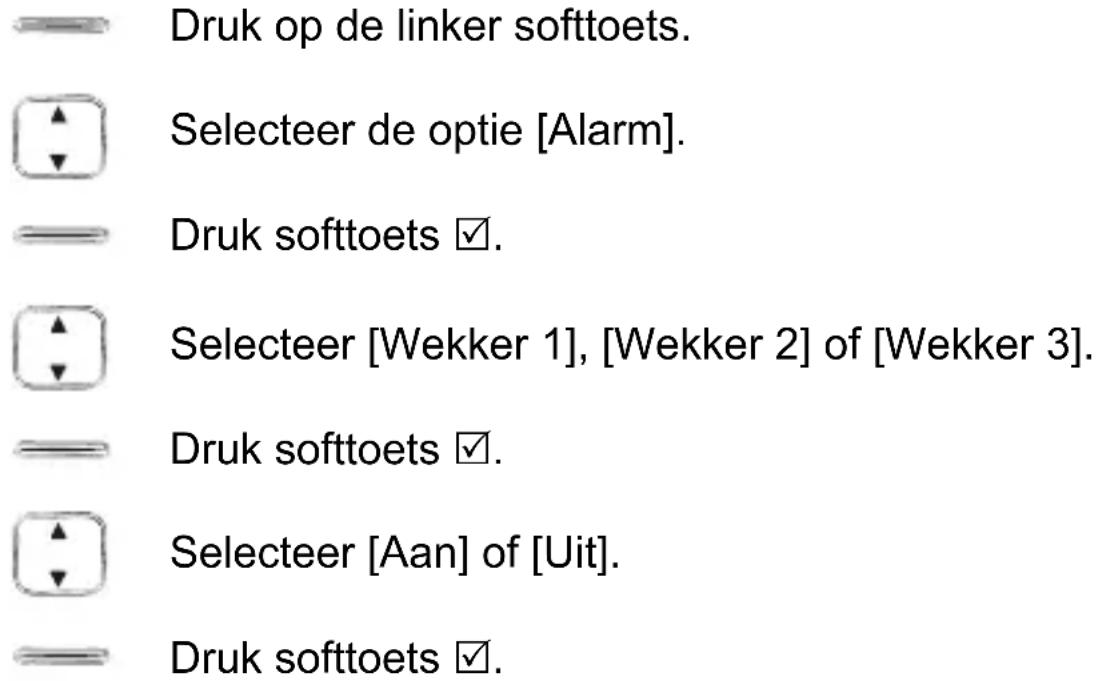 Druk op de linker softtoets. Selecteer de optie [Alarm]. Druk softtoets ✓. Selecteer [Wekker 1], [Wekker 2] of [Wekker 3]. Druk softtoets ✓. Selecteer [Aan] of [Uit]. Druk softtoets ✓.