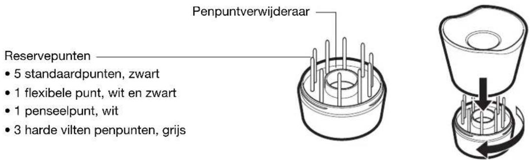 Penpuntverwijderaar Reservepunten • 5 standaardpunten, zwart • 1 flexibele punt, wit en zwart • 1 penseelpunt, wit • 3 harde vilten penpunten, grijs