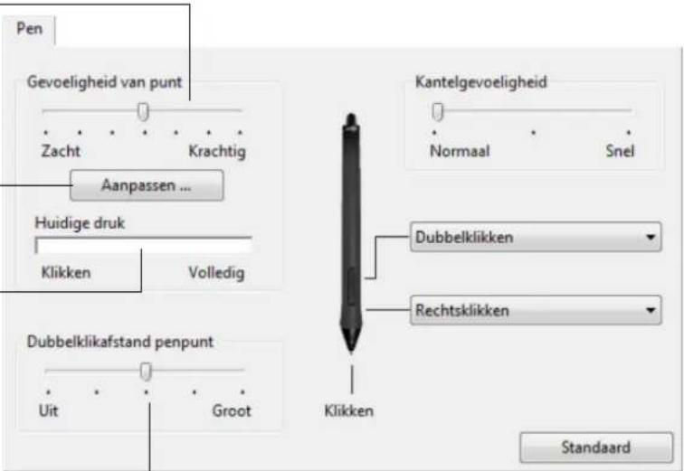 Pen Gevoeligheid van punt Zacht Krachtig Aanpassen ... Huidige druk Klikken Volledig Dubbelklikafstand penpunt Uit Groot Kantelgevoeligheid Normaal Snel Dubbelklikken Rechtsklikken Klikken Standaard