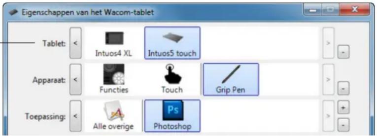 Eigenschappen van het Wacom-tablet Tablet: < Intuos4 XL Intuos5 touch Apparaat: < Functies Touch Grip Pen Toepassing: < Alle overige Photoshop