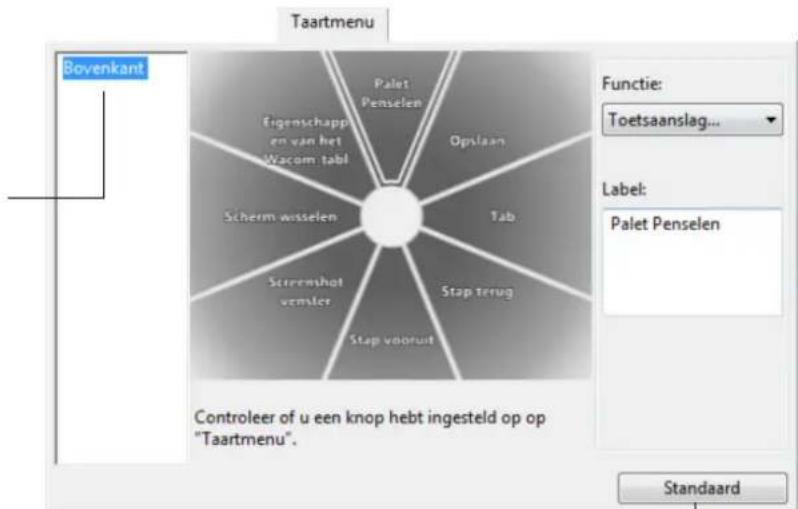 Taartmenu Bovenkant Palet Penselen Eigenschappen van het Wacom tabl Opslaan Tab Schem wisselen Streemshot vensler Stop terug Stop vooruit Functie: Toetsaanslag... Label: Palet Penselen Controleer of u een knop hebt ingesteld op op "Taartmenu". Standaard