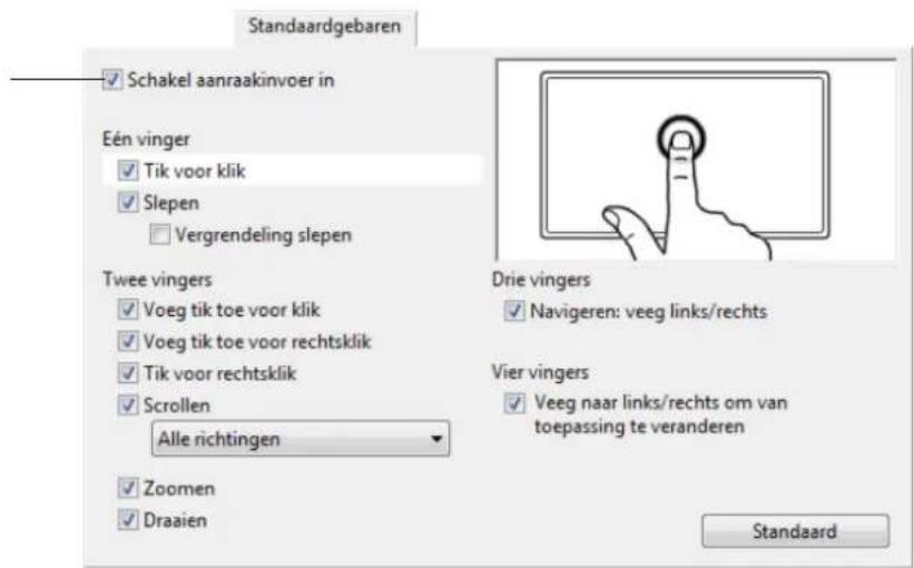 Standaardgebaren Schakel aanraakinvoer in Eén vinger Tik voor klik Slepen Vergrendeling slepen Twee vingers Voeg tik toe voor klik Voeg tik toe voor rechtsklik Tik voor rechtsklik Scrollen Alle richtingen Zoomen Draaien Drie vingers Navigeren: veeg links/rechts Vier vingers Veeg naar links/rechts om van toepassing te veranderen Standaard