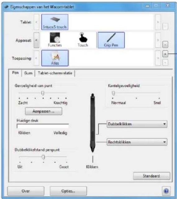 Eigenschappen van het Wacorn-tablet Tablet: Intuoc5 touch Apparaat: Functies Touch Grip Pen Toepassing: Alles Pen Gum Tablet-schermrelatie Gevoeligheid van punt Zacht Krachtig Aanpassen ... Hudige druk Klikken Volledig Dubbelkikafstand penpunt Uit Groot Klikken Kantelgevoeligheid Normaal Snel Dubbelkikken Rechtsklikken Standaard Over Options...