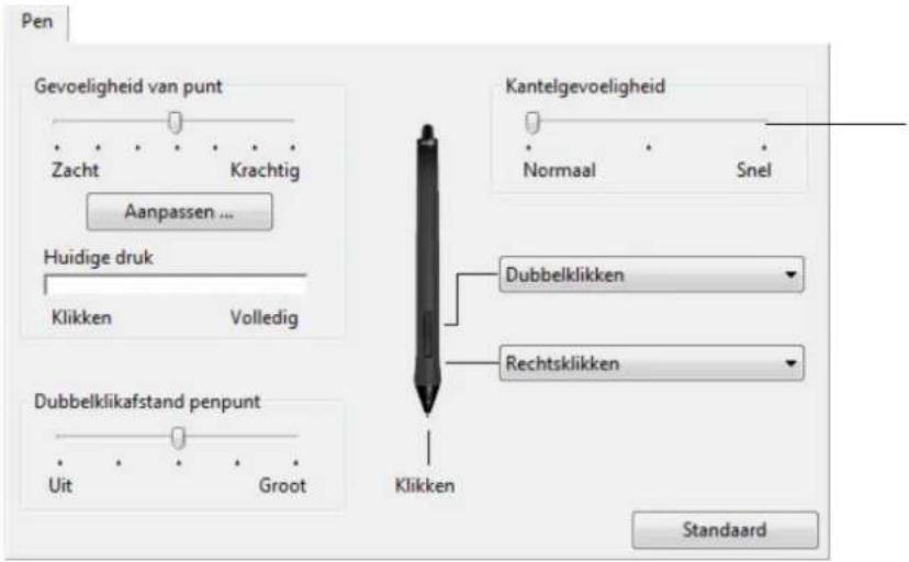 Pen Gevoeligheid van punt Zacht Krachtig Aanpassen ... Huidige druk Klikken Volledig Dubbelklikafstand penpunt Uit Groot Kantelgevoeligheid Normaal Snel Dubbelklikken Rechtsklikken Klikken Standaard