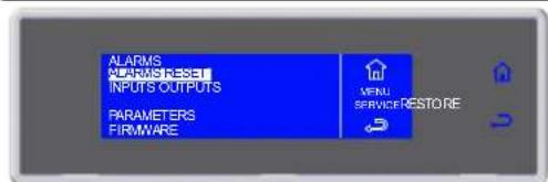 ALARMS ALARMS RESET INPUTS OUTPUTS PARAMETERS FIRMWARE MENU SERVICE RESTORE