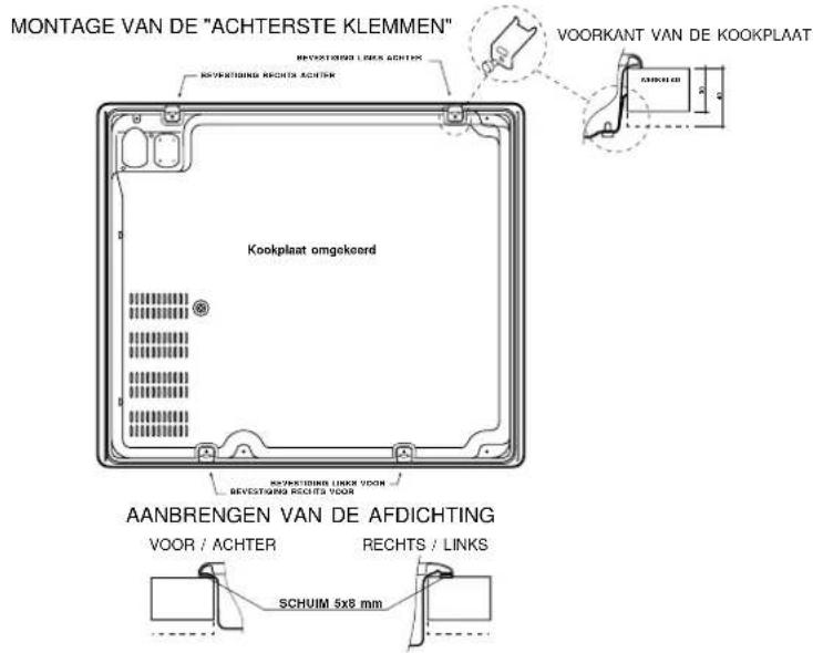 MONTAGE VAN DE "ACHTERSTE KLEMMEN" KOOKPLaat omgekeord VEVESTING RECHTS ACHTER VEVESTING RECHTS ACHTER VOORKANT VAN DE KOOKPLAAT VEVESTING RECHTS ACHTER VEVESTING RECHTS ACHTER AANBRENGEN VAN DE AFDICHTING VOOR / ACHTER RECHTS / LINKS SCHUIM 5x8 mm