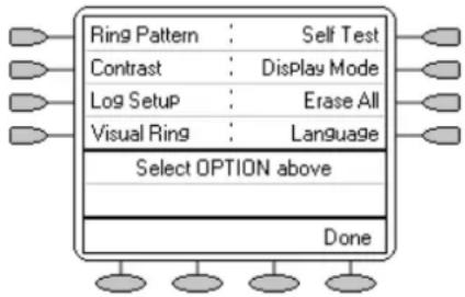 graph TD A["Ring Pattern"] --> B["Self Test"] C["Contrast"] --> D["Display Mode"] E["Log Setup"] --> F["Erase All"] G["Visual Ring"] --> H["Language"] I["Select OPTION above"] --> J["Done"]