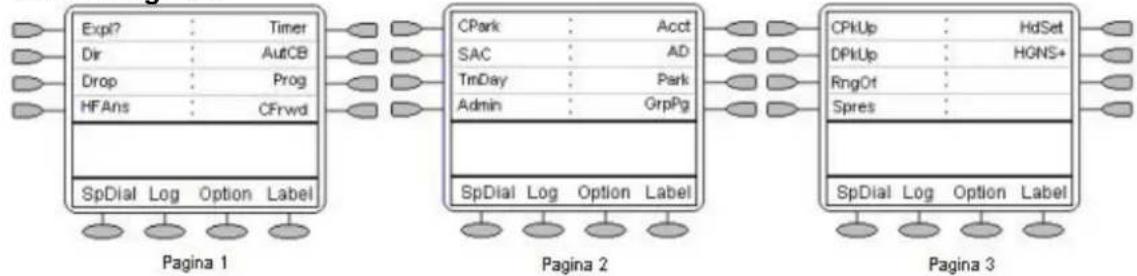 graph LR subgraph Pagina 1 A["Expl? : Timer"] --> B["SpDial Log Option Label"] C["Dir : AutCB"] --> D["SpDial Log Option Label"] E["Drop : Prog"] --> F["SpDial Log Option Label"] G["HFAns : CFrwd"] --> H["SpDial Log Option Label"] end subgraph Pagina 2 I["CPark : Acct"] --> J["SpDial Log Option Labe…