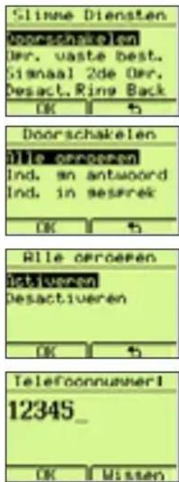 Slinne Diensten Dworschakelen Der. vaste best. Signaal 2de Der. Desact. Ring Back OK 5 Doorschakelen Dile oproeren Ind. an antwoord Ind. in gesprek OK 5 Rille oproeren Iets uvenen Desactiveren OK 5 Telefoonnummer1 12345_ OK Missen