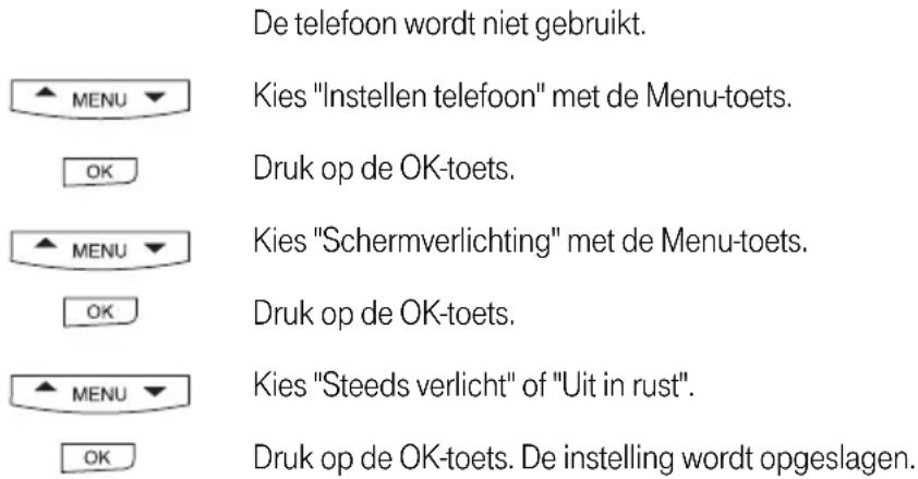 De telefoon wordt niet gebruikt. MENU Kies "Instellen telefoon" met de Menu-toets. OK Druk op de OK-toets. MENU Kies "Schermverlichting" met de Menu-toets. OK Druk op de OK-toets. MENU Kies "Steeds verlicht" of "Uit in rust". OK Druk op de OK-toets. De instelling wordt opgeslagen.