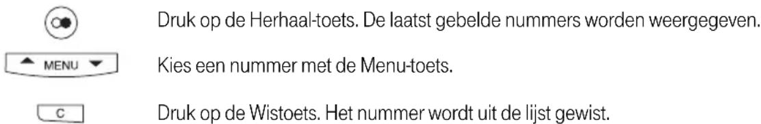 Druk op de Herhaal-toets. De laatst gebelde nummers worden weergegeven. Kies een nummer met de Menu-toets. Druk op de Wistoets. Het nummer wordt uit de lijst gewist.