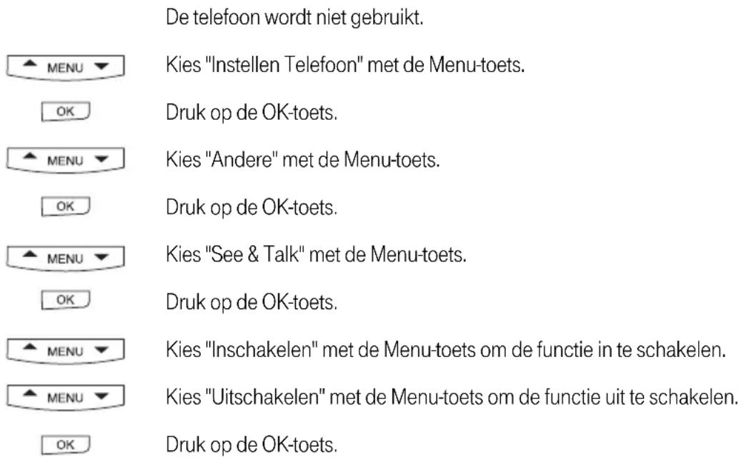 De telefoon wordt niet gebruikt. MENU Kies "Instellen Telefoon" met de Menu-toets. OK Druk op de OK-toets. MENU Kies "Andere" met de Menu-toets. OK Druk op de OK-toets. MENU Kies "See & Talk" met de Menu-toets. OK Druk op de OK-toets. MENU Kies "Inschakelen" met de Menu-toets om de functie in te sch…