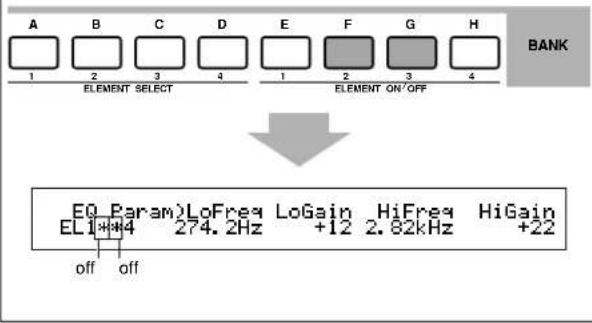 A B C D E F G H 1 2 3 4 1 2 3 4 ELEMENT SELECT ELEMENT ON/OFF BANK ↓ EQ Param)LoFreq LoGain HiFreq HiGain EL1+*4 274.2Hz +12 2.82kHz +22 off off