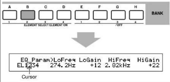 A B C D E F G H 1 2 3 4 1 2 3 4 ELEMENT SELECT ELEMENT ON /OFF BANK EQ Param)LoFreq LoGain HiFreq HiGain EL1234 274.2Hz +12 2.82kHz +22 Cursor