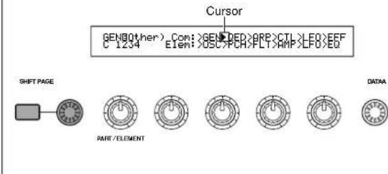 Cursor GEN@other_) Com: >GEN#ED>ARP>CTL>LFO>EFF C 1234 Elem: >OSC>PCR>PLT>AMP>LFO>EQ SHIFT PAGE PART / ELEMENT DATAA