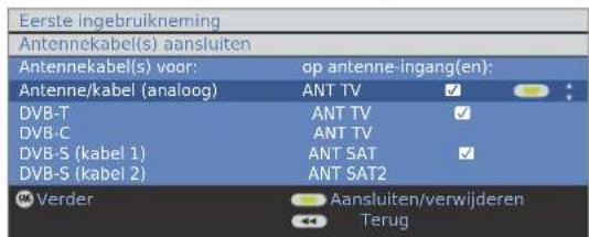 Eerste Ingebruikneming Antennekabel(s) aansluiten Antennekabel(s) voor: op antenne-ingang(en): Antenne/kabel (analoog) ANT TV DVB-T ANT TV DVB-C ANT TV DVB-S (kabel 1) ANT SAT DVB-S (kabel 2) ANT SAT2 Verder Aansluiten/verwijderen Terug